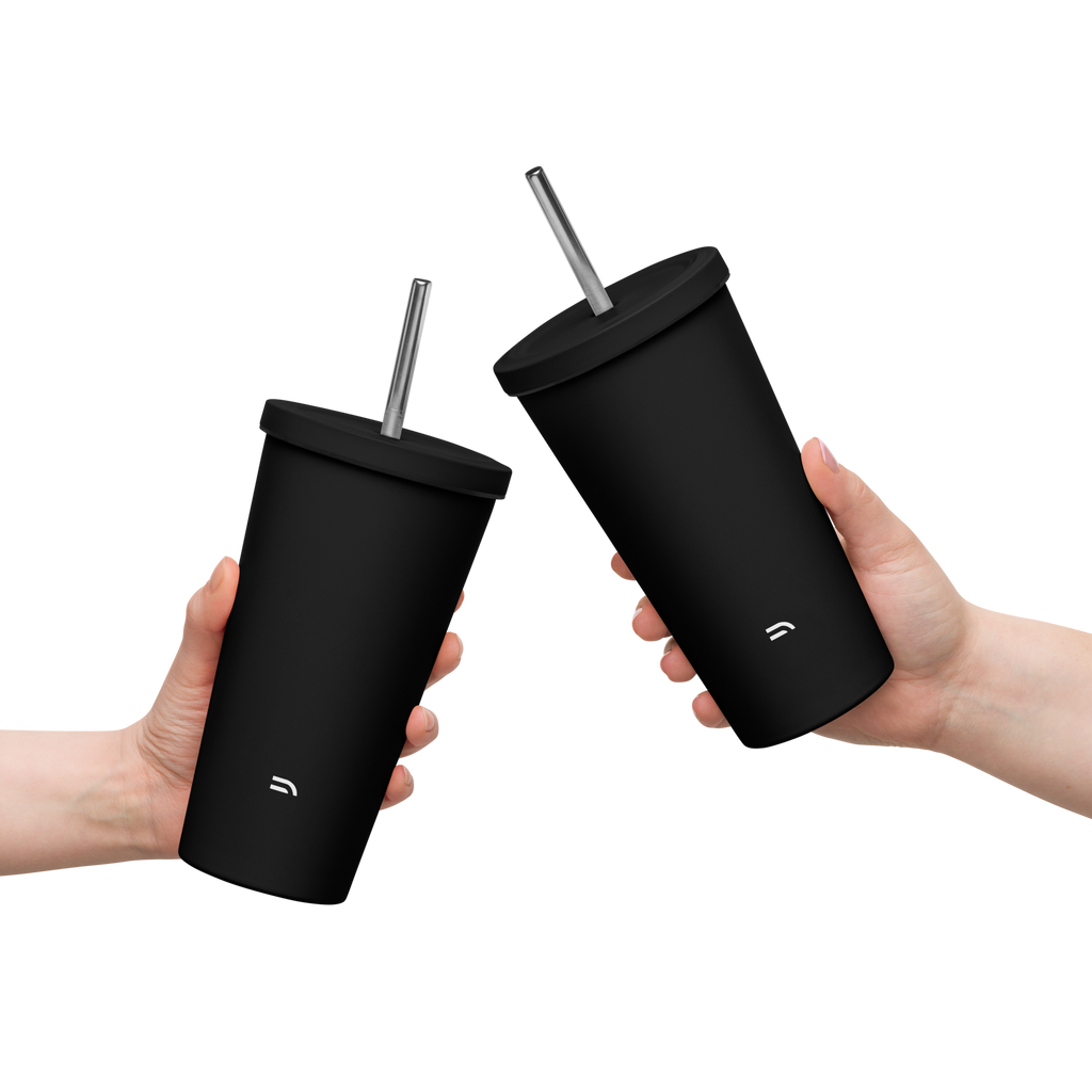Insulated tumbler with a straw - BLACK
